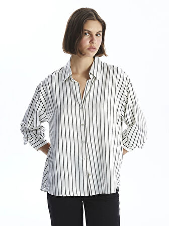 LCW Vision SİYAH Çizgili Uzun Kollu Oversize Saten Kadın Gömlek