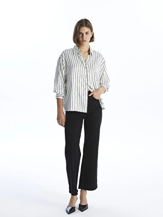 LCW Vision SİYAH Çizgili Uzun Kollu Oversize Saten Kadın Gömlek