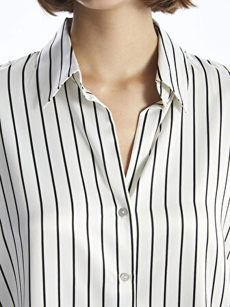 LCW Vision SİYAH Çizgili Uzun Kollu Oversize Saten Kadın Gömlek