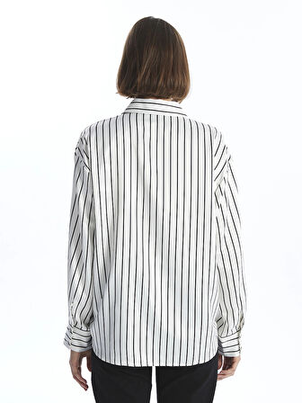 LCW Vision SİYAH Çizgili Uzun Kollu Oversize Saten Kadın Gömlek