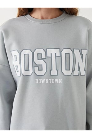 LCW Vision Gri Boston Baskılı Oversize Kadın Kalın Sweatshirt
