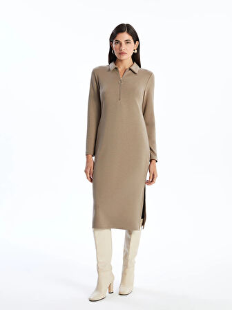 LCWAIKIKI Classic Kahverengi Gömlek Yaka Kadın Elbise