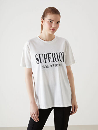 XSIDE ACTIVE Beyaz Bisiklet Yaka Baskılı Kadın Spor Tişört