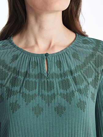 LCW Grace YEŞİL Bisiklet Yaka Desenli Kadın Tişört