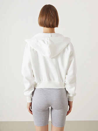 XSIDE ACTIVE Beyaz Kapüşonlu Oversize Crop Kadın Kalın Fermuarlı Sweatshirt