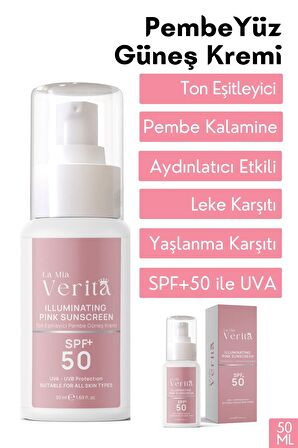 la mia verita Leke Karşıtı ve Cilt Tonu Eşitleyici Pembe Yüz Güneş Koruyucu Krem SPF 50, 50 ml