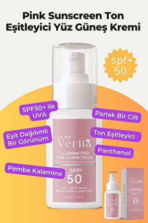 la mia verita Leke Karşıtı ve Cilt Tonu Eşitleyici Pembe Yüz Güneş Koruyucu Krem SPF 50, 50 ml