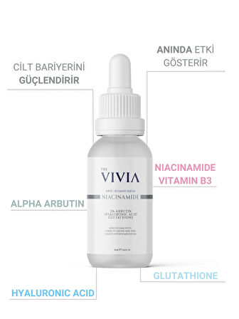 The Vivia Leke Karşıtı Cilt Tonu Eşitleyici Cilt Serumu Arbutin, Niasinamid, Glutatyon, Hyaluronik Asit 30 ml