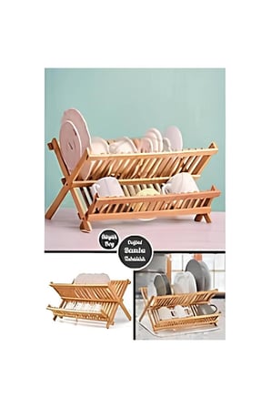  bambu bulaşıklık katlanabilir i̇ki katlı ahşap tabaklık 38x25x28 cm