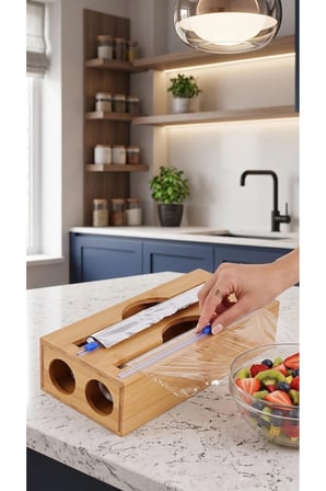 Doğal Bambu Streç Film ve Alüminyum Folyo Kesici Mutfak Düzenleyici Organizer 17,5x9,5x10 cm