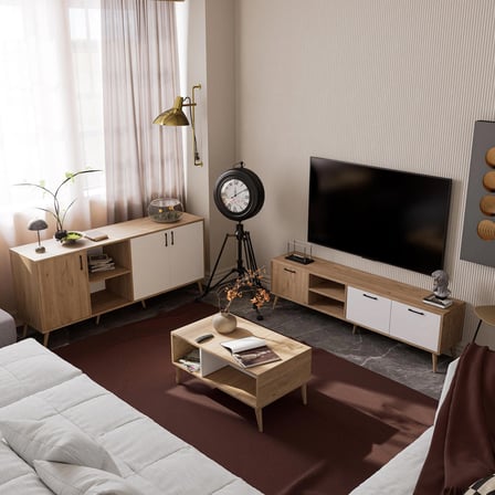 Mezza SET 1585-2074-1624 EXXEN (AHŞAP AYAKLI) TV ÜNİTESİ - ORTA SEHPA - KONSOL SETİ SEPET - BEYAZ
