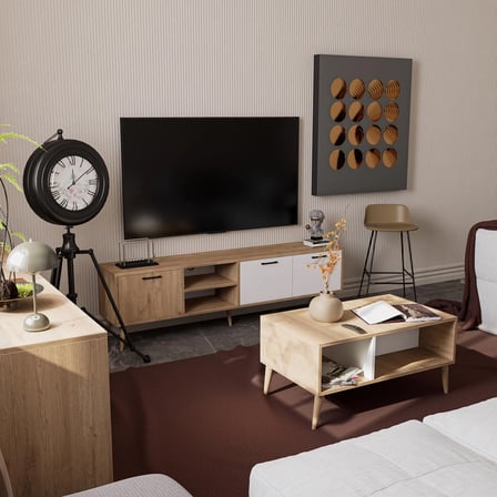 Mezza SET 1585-2074-1624 EXXEN (AHŞAP AYAKLI) TV ÜNİTESİ - ORTA SEHPA - KONSOL SETİ SEPET - BEYAZ