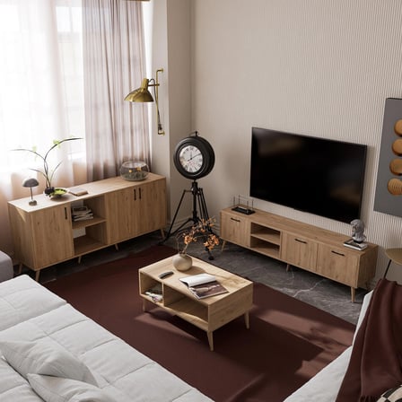 Mezza SET 1587-2076-1626 EXXEN (AHŞAP AYAKLI) TV ÜNİTESİ - ORTA SEHPA - KONSOL SETİ SEPET RENGİ