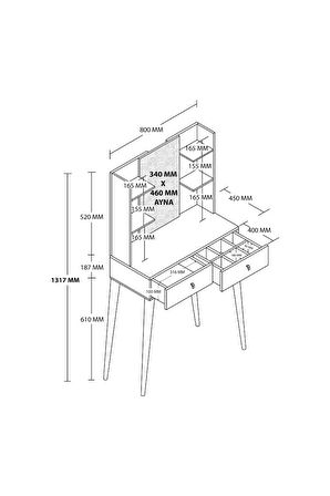 2200 LUCKY AYNALI (AHŞAP AYAKLI) 2 ÇEKMECELİ 80 CM MAKYAJ MASASI BEYAZ