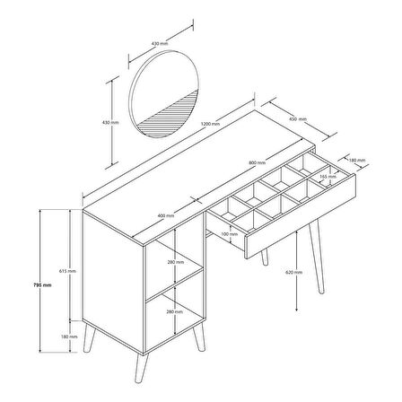 2240 LOVE AYNALI (AHŞAP AYAKLI) MDF PROFİL ÇERÇEVELİ ÇEKMECELİ – KAPAKLI 120 CM MAKYAJ MASASI BEYAZ