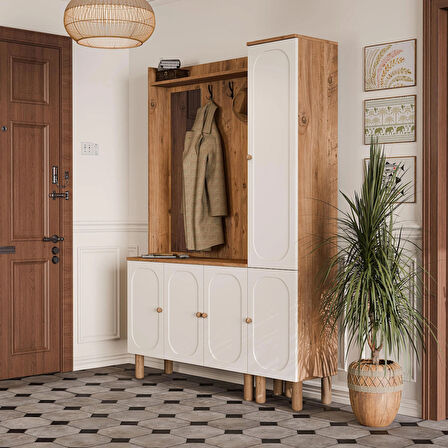 Mezza Set 5090-5093 Roma Sol Aynalı 5 Kapaklı (MEMBRAN) 4 Askılı Raflı Bohem Portmanto Atlantik Çam-beyaz
