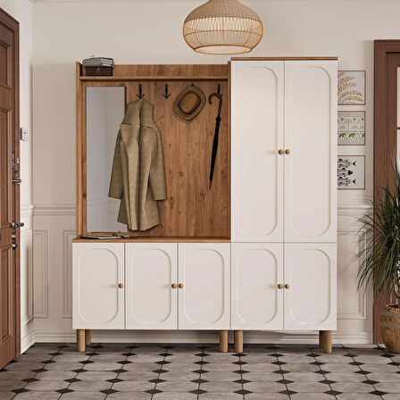 Mezza Set 5090-5094 Roma Sol Aynalı 7 Kapaklı (MEMBRAN) 4 Askılı Raflı Bohem Portmanto Atlantik Çam-beyaz