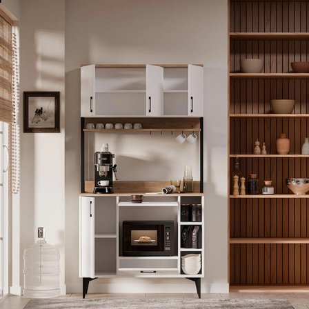 MEZZA 5260 COFFEMATE Kahve Köşesi 105 cm Çok Amaçlı Dolap Kiler Mutfak Dolabı Sepet Beyaz