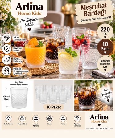 Arlina Home Kids 220 CC Desenli Plastik Meşrubat Bardağı 10'lu Paket