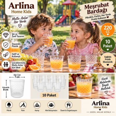 Arlina Home Kids 220 CC Desenli Plastik Meşrubat Bardağı 10'lu Paket