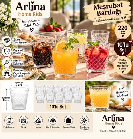Arlina Home Kids 220 CC Plastik Bardak 10'lu Set Beyaz