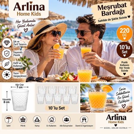 Arlina Home Kids 220 CC Plastik Bardak 10'lu Set Beyaz