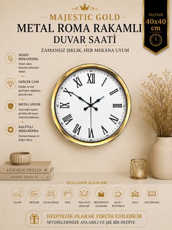 Majestic Gold 40 cm Metal Duvar Saati