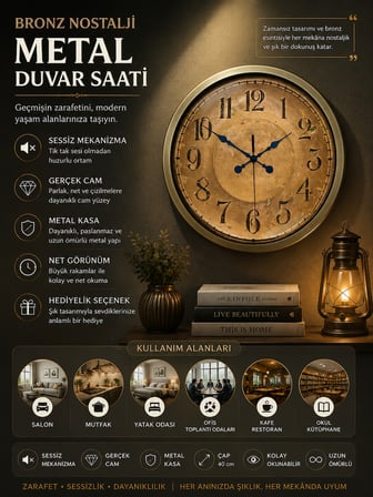 Bronz Nostalji 40 cm Metal Eskitme Duvar Saati