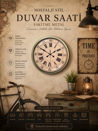 Nostalji Stil 40 cm Metal Eskitme Duvar Saati
