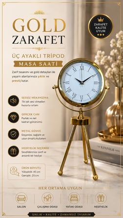 Saray Zarafeti Gold Tripod Üç Ayaklı Metal Masa Saati