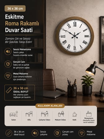 36 cm Eskitme Metal Roma Rakamlı Duvar Saati