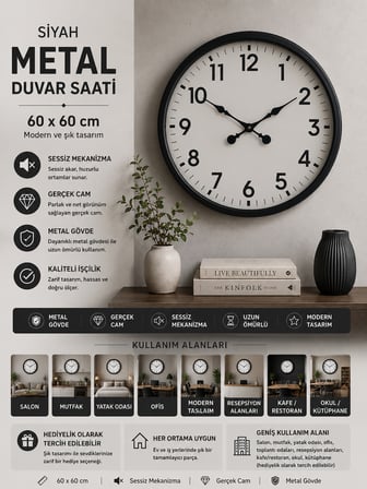 60 cm Siyah Metal Duvar Saati