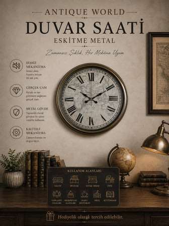 Antique World 40 cm Eskitme Metal Duvar Saati