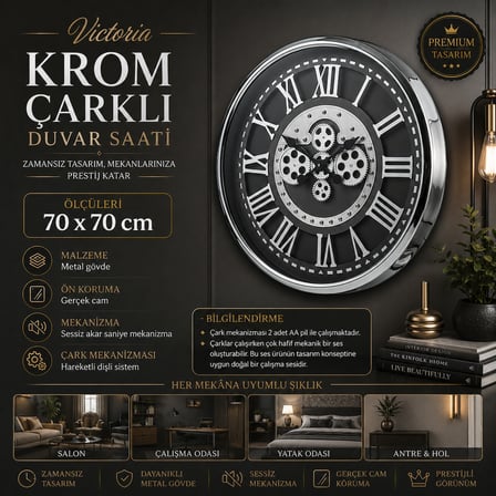 Victoria Krom 70 x 70 cm Çarklı Duvar Saati
