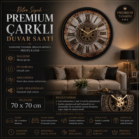 Retro Siyah Premium 70 x 70 cm Çarklı Duvar Saati