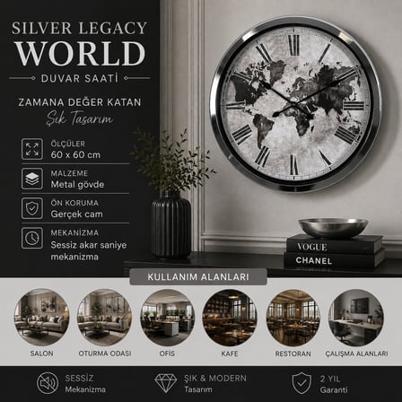 Silver Legacy World 60 x 60 cm Metal Duvar Saati