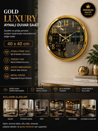 Gold Luxury Aynalı 40 x 40 cm Duvar Saati