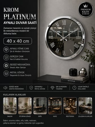 Krom Platinum Aynalı 40 x 40 cm Duvar Saati