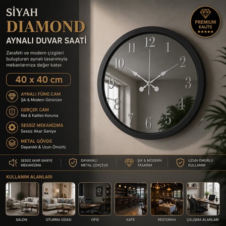 Siyah Diamond Aynalı 40 x 40 cm Duvar Saati