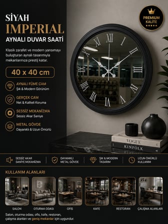 Siyah Imperial Aynalı 40 x 40 cm Duvar Saati