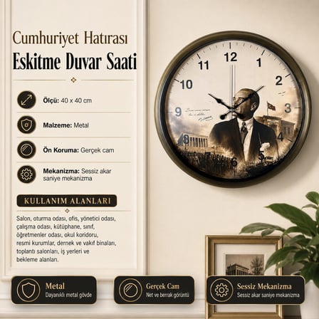 Cumhuriyet Hatırası Eskitme 40 x 40 Cm Metal Duvar Saati