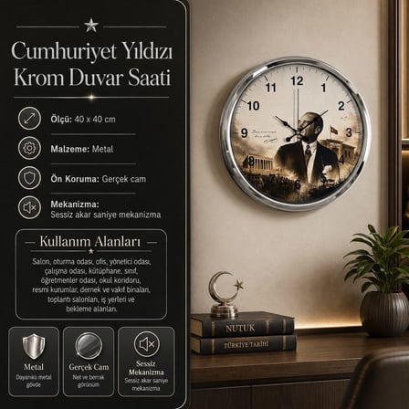 Cumhuriyet Yıldızı Krom 40 x 40 Cm Metal Duvar Saati