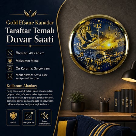 Gold Efsane Kanatlar Taraftar Temalı 40 x 40 Cm Metal Duvar Saati