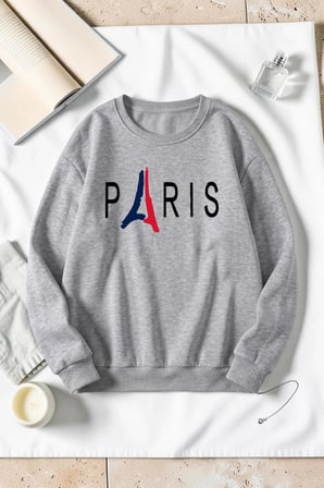 Unisex Paris Baskılı Bisiklet Yaka Sweatshirt