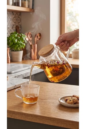The Mia Bambu Kapaklı Borosilikat Cam Demlik 800 ml - Cam Süzgeçli Isıya Dayanıklı Bitki Çayı Demliği