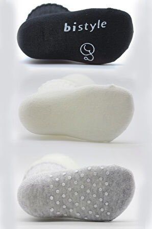 Bistyle Basic Kaymaz Penye Soket Çorap 3'Lü BS10106 Siyah Ekru Gri