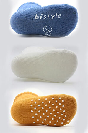 Bistyle Basic Kaymaz Penye Soket Çorap 3'Lü BS10106 İndigo Ekru Hardal