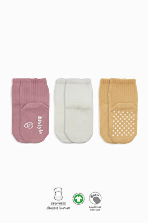 Bistyle Basic Kaymaz Penye Soket Çorap 3'Lü BS10106 Pudra Ekru Somon
