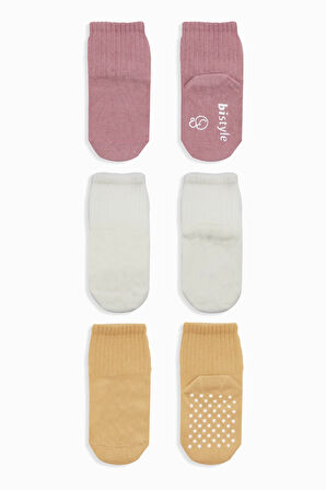 Bistyle Basic Kaymaz Penye Soket Çorap 3'Lü BS10106 Pudra Ekru Somon