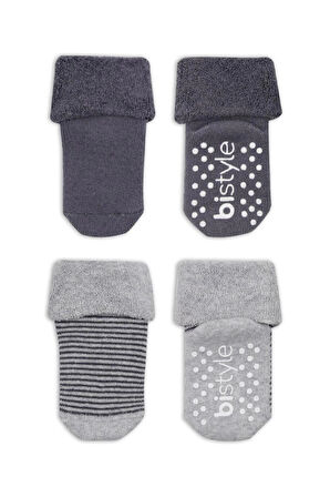 Bistyle Çemberli Kaymaz Havlu Soket Çorap 2'Li BS10503 Gri-Antrasit